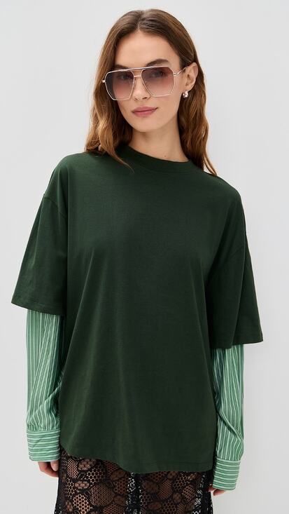 Lioness Tops - Lioness Bottega Green Layered Mix Media Crewneck Tee Striped Long Sleeve Shirt S